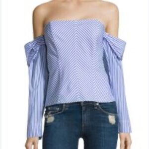 Petersyn Off Shoulder Blue & White Stripe Top w. Smocked Back